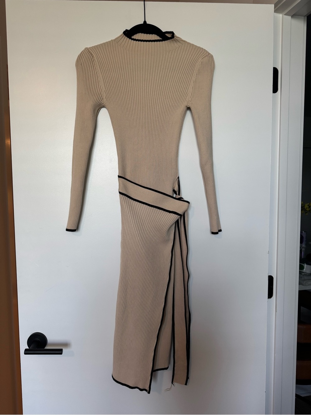 Chicwish Beige Long-Sleeve Ribbed Wrap Midi Dress with Black Trim